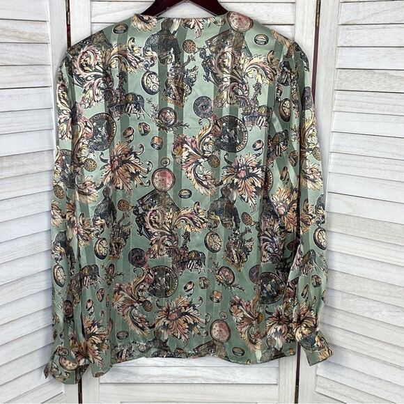 Sellecca Vintage Satin Printed Button Front Blouse Sage Green 10 - Picture 8 of 12